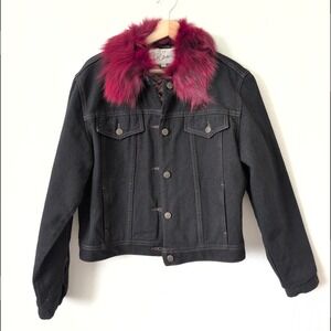 D'Carlo Black Denim Trucker Jacket Magenta Fox Fur Collar Large L Eccentric Goth
